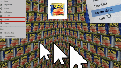 funny gif of mouse clicking on a wall of cans of spam and pictures of email spam
